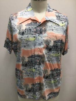 N/L, Pink, Gray, Lt Gray, Black, Lime Green, Nylon, Novelty Pattern, Button Front, Short Sleeves, Collar Attached, 1 Pocket, Knit, Print is Vintage Car in Front of a Home/Grocery Store with a Gas Pump
