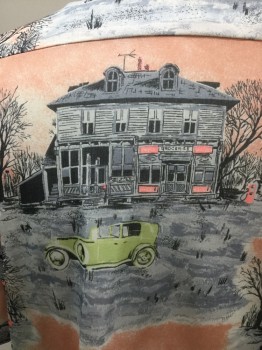 N/L, Pink, Gray, Lt Gray, Black, Lime Green, Nylon, Novelty Pattern, Button Front, Short Sleeves, Collar Attached, 1 Pocket, Knit, Print is Vintage Car in Front of a Home/Grocery Store with a Gas Pump