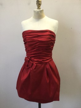 JUNO, Red, Polyester, Lycra, Solid, Strapless Red Taffeta, Rushed Bodice. Tiered Puff Skirt Over Fitted Skirt with Self Novelty Bow at Waist
