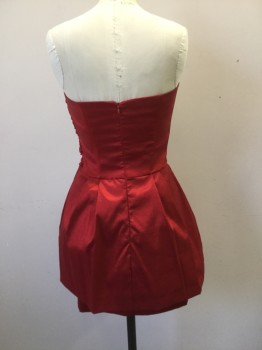 JUNO, Red, Polyester, Lycra, Solid, Strapless Red Taffeta, Rushed Bodice. Tiered Puff Skirt Over Fitted Skirt with Self Novelty Bow at Waist