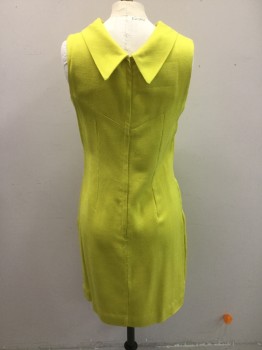 N/L, Chartreuse Green, Wool, Synthetic, Solid, Shift Dress, Cawl Collar, Sleeveless, Bow at Center of Waist, Zip Center Back,