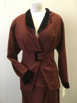 N/L, Rust Orange, Wool, Solid, Jacket - Wool Twill with Black Velvet Collar, Cuffs &  Faux Buckle.. Hook Closure at Waist. Gathered Detail at Center Back, with Covered Buttons Detail,
