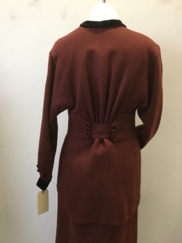 N/L, Rust Orange, Wool, Solid, Jacket - Wool Twill with Black Velvet Collar, Cuffs &  Faux Buckle.. Hook Closure at Waist. Gathered Detail at Center Back, with Covered Buttons Detail,