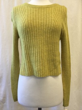 Womens, Pullover, BABATON, Chartreuse Green, Wool, Synthetic, Heathered, L, Ribbed, Crew Neck,