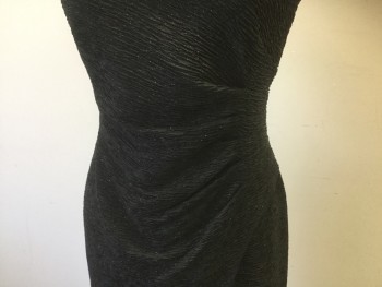 Womens, Evening Gown, MARINA, Black, Polyester, Solid, 8, Black with Silver Glitter, Ruching Fabric, Cut Out V-neck with Boning, Sleeveless, Side Waist Pleating, Cross Over Skirt with Front Opening, Back Zipper