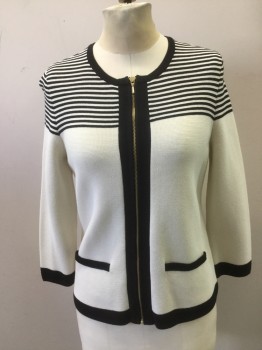 TALBOTS, Cream, Black, Cotton, Rayon, Solid, Stripes, Black and Cream Horizontal Stripes Upper at Yoke Line, Solid Cream Lower with Black Trim at Center Front, Hemline, Cuffs and Pocket Openings, Gold Zipper Center Front, Crew Neck, 3/4 Sleeves, Functioning Pockets