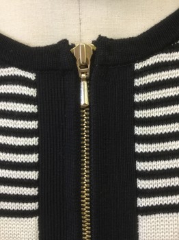 Womens, Sweater, TALBOTS, Cream, Black, Cotton, Rayon, Solid, Stripes, S, Black and Cream Horizontal Stripes Upper at Yoke Line, Solid Cream Lower with Black Trim at Center Front, Hemline, Cuffs and Pocket Openings, Gold Zipper Center Front, Crew Neck, 3/4 Sleeves, Functioning Pockets