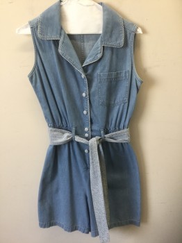 Womens, Romper, PETITE SOPHISTICATE, Denim Blue, White, Blue, Cotton, Solid, Check - Micro , 8, Chambray/Denim, Sleeveless, Elastic Waist, Blue & White Microcheck Gingham Trim on Collar, Button Plackets and Buttons at Center Front, 1 Patch Pocket at Chest, Belt Loops, **2 Piece with Matching Microcheck Gingham Sash BELT