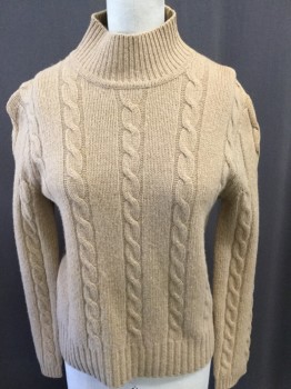Womens, Pullover Sweater, J CREW, Camel Brown, Wool, Solid, S, Mock Neck Rib Knit, Cable Knit