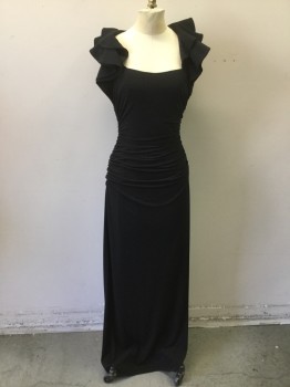 Womens, Evening Gown, LAUNDRY, Black, Polyester, Solid, 4, Low Square Neck, Double Ruffle Cap Sleeves, Side Zipper, Rouched Sides and Center Back, Body Contour, Floor Length