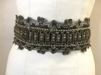 Unisex, Sci-Fi/Fantasy Belt, MTO, Brown, Metallic, Green, Dk Green, Leather, Metallic/Metal, S, Brass Metal Decorative Sleeves Lined Up in a Row Over Brown Leather, Beaded and Embroidered Detailed Edges, Lace Up Closure (No Lace)