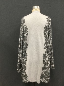 LANE BRYANT, Lt Gray, Black, Rayon, Nylon, Floral, Light Gray with Lace-like Floral Pattern on Sides and Sleeve, Knee Length, Open Front, Long Sleeves