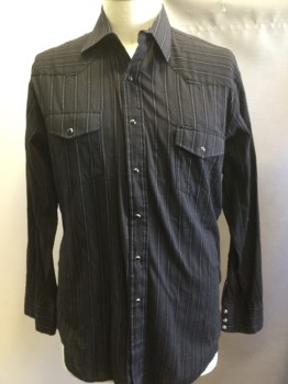 Mens, Western, ROPER, Black, Gray, Cotton, Stripes, XL, Collar Attached, Black Button Snap Front, Black with Grey Stripes, Long Sleeves, Pocket Flaps