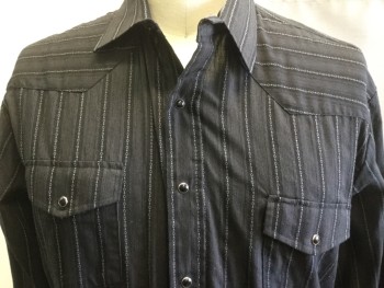 ROPER, Black, Gray, Cotton, Stripes, Collar Attached, Black Button Snap Front, Black with Grey Stripes, Long Sleeves, Pocket Flaps