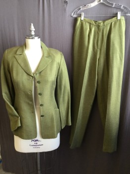 Womens, 1990s Vintage, Suit, Jacket, BERGAMO, Olive Green, Viscose, Wool, Herringbone, 8, Shinny with Brown Lining,  Notched Lapel, Single Breasted, 4 Button Front, Long Sleeves, 2 Pockets