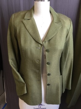Womens, 1990s Vintage, Suit, Jacket, BERGAMO, Olive Green, Viscose, Wool, Herringbone, 8, Shinny with Brown Lining,  Notched Lapel, Single Breasted, 4 Button Front, Long Sleeves, 2 Pockets
