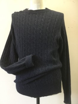 Mens, Pullover Sweater, BARBOUR, Navy Blue, Wool, Cable Knit, XL, Long Sleeves, Crew Neck,