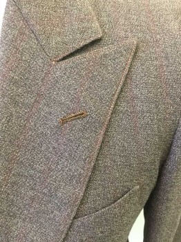 Mens, 1930s Vintage, Suit, Jacket, JACK FROST, Brown, Red, Wool, Heathered, Plaid, 38R, Single Breasted, 2 Buttons,  3 Pockets, Peaked Lapel, Heavy Wool, Scratchy
