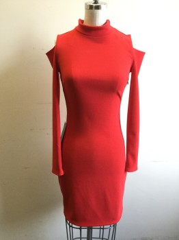 EXPRESS, Red, Polyester, Spandex, Solid, Ribbed Knit, Stand Collar, Cutout Shoulders, Stretch, Triangle Cutout Back Waist