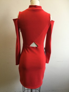EXPRESS, Red, Polyester, Spandex, Solid, Ribbed Knit, Stand Collar, Cutout Shoulders, Stretch, Triangle Cutout Back Waist