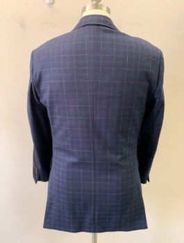 Mens, Sportcoat/Blazer, J. CREW, Navy Blue, Raspberry Pink, Orange, Lt Blue, Wool, Elastane, Grid , 40R, Navy with Raspberry/Orange and Light Blue Grid, Single Breasted, Collar Attached, Notched Lapel, 3 Pockets, 2 Buttons,  Hand Picked Collar/Lapel