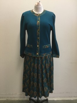 Womens, 1980s Vintage, Suit, Jacket, JEFFREY & DARA, Teal Green, Synthetic, Cotton, Solid, Floral, B 36, Knit with Multi-color Floral Collar/Placket, Gold Button Front, Cotton Print Hem/Cuff, 2 Cotton Print Pockets with Gold Buttons, Shoulder Pads, Pleated at Shoulder Inset