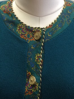 JEFFREY & DARA, Teal Green, Synthetic, Cotton, Solid, Floral, Knit with Multi-color Floral Collar/Placket, Gold Button Front, Cotton Print Hem/Cuff, 2 Cotton Print Pockets with Gold Buttons, Shoulder Pads, Pleated at Shoulder Inset
