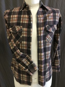 GRAPE VINES, Brown, Black, Gray, Pink, Cream, Cotton, Plaid, Black/brown/gray/dark Pink/cream Plaid Flannel, Collar Attached, Button Front, Long Sleeves, 2 Pockets with Flap