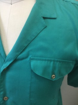 N/L, Teal Green, Cotton, Solid, Short Sleeves Button Front, Notched Collar, 2 Flap Pockets with Button Closures,