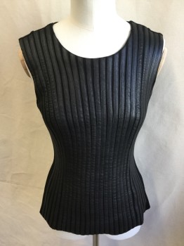 Womens, Top, BAILEY 44, Black, Rayon, Nylon, Solid, XS, Round Neck,  Black Faux Leather Vertical Strips Front Ribbed-like, Sleeveless, Partial Zip Back