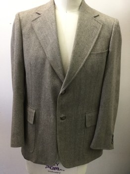 HARRIS & FRANK, Ecru, Brown, Wool, Herringbone, 2 Buttons, Notched Lapel, Single Breasted, 3 Pockets, Center Back Vent