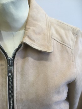 ALL SAINTS, Tan Brown, Suede, Solid, Zip Front, Collar Attached, Ribbed Texture Cuffs and Waistband, 2 Pockets