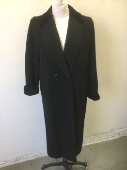 Womens, Coat, LESLIE FAY PETITES, Black, Wool, Solid, B 38, L, Double Breasted, Large Shawl Lapel, Black Velvet Panel on Upper Lapel, and Cuffs, 2 Pockets, Pleats at Shoulders, Below Knee Length,