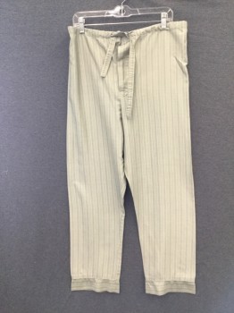 Mens, 1930s Vintage, Pajama Pant, P2, MTO , Sage Green, White, Cotton, Stripes, W34, Self Drawstring Waist, Button Fly, Cuffed Pants