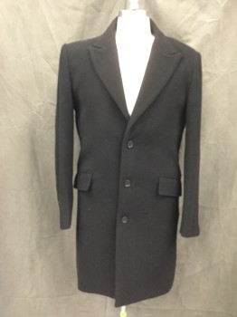 PROFILE OUTERWEAR, Black, Wool, Cashmere, Solid, Single Breasted, Collar Attached, Peaked Lapel, 2 Flap Pockets, Long Sleeves