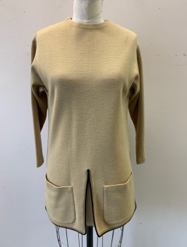 Womens, 1960s Vintage, Top, BY DAMON, Beige, Black, Wool, Solid, W:27, B:34, H:37, 3/4 Sleeve Tunic, Knit, Round Neck, Black Edging at Hem, Slit at Center Front Hem, 2 Patch Pockets,
