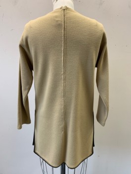 Womens, 1960s Vintage, Top, BY DAMON, Beige, Black, Wool, Solid, W:27, B:34, H:37, 3/4 Sleeve Tunic, Knit, Round Neck, Black Edging at Hem, Slit at Center Front Hem, 2 Patch Pockets,