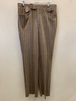 Mens, 1970s Vintage, Suit, Pants, NL, Dk Brown, Beige, Blue, Wool, Stripes - Vertical , Stripes - Pin, OPEN, 36/, Top Pockets, Zip Front, Flat Front, 2 Buttons on Waistband (MULTS)