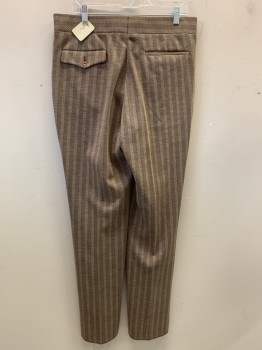 Mens, 1970s Vintage, Suit, Pants, NL, Dk Brown, Beige, Blue, Wool, Stripes - Vertical , Stripes - Pin, OPEN, 36/, Top Pockets, Zip Front, Flat Front, 2 Buttons on Waistband (MULTS)