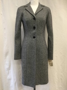 BEVERLY MEHE, Black, White, Wool, 2 Color Weave, 3 Buttons,  Notched Lapel, Collar Attached, Darted,