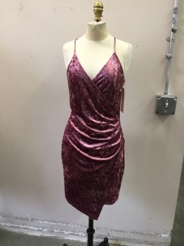 Womens, Dress, Sleeveless, AAKAA, Mauve Pink, Polyester, Spandex, Solid, M, Crushed Stretchy Velvet, Surplice V-neck, Gathers at Side, Spaghetti Straps, Back Zipper,