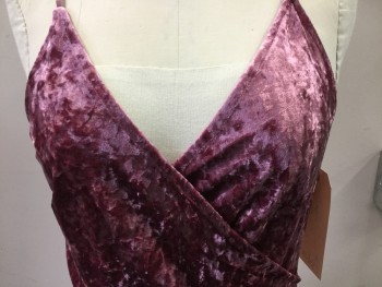AAKAA, Mauve Pink, Polyester, Spandex, Solid, Crushed Stretchy Velvet, Surplice V-neck, Gathers at Side, Spaghetti Straps, Back Zipper,