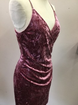 AAKAA, Mauve Pink, Polyester, Spandex, Solid, Crushed Stretchy Velvet, Surplice V-neck, Gathers at Side, Spaghetti Straps, Back Zipper,