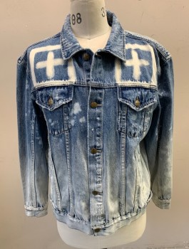 Mens, Jean Jacket, KSUBI, Denim Blue, White, Cotton, Faded, Ombre, M, Distressed Denim, White "+" Symbols Bleached at Shoulders, Long Sleeves, Button Front, Collar Attached, Bleach Splatters in Back