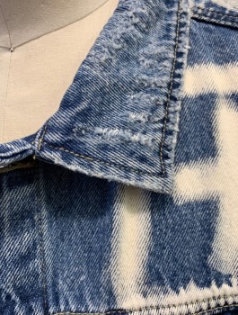 Mens, Jean Jacket, KSUBI, Denim Blue, White, Cotton, Faded, Ombre, M, Distressed Denim, White "+" Symbols Bleached at Shoulders, Long Sleeves, Button Front, Collar Attached, Bleach Splatters in Back