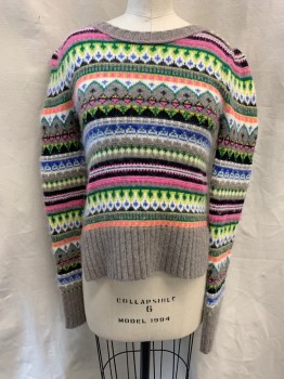 Womens, Pullover, JUICY COUTURE, Gray, Bubble Gum Pink, Black, Yellow, Green, Wool, Angora, Abstract , S, Crew Neck, Knit, Horizontal Pattern, Ribbed Waist & Cuffs