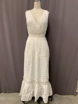 Womens, Dress, Sleeveless, LEIFNOTES, White, Cotton, Solid, 2, Eyelet Lace, Surplice Top, Mesh Waistband with Netting Overlay, Ruffle Hem, White Floral Embroidered Ribbon Detail, Side Zip