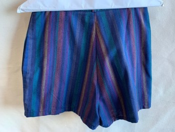 Womens, Shorts, LA CLASSE, Navy Blue, Teal Green, Royal Blue, Rust Orange, Gold, Linen, Cotton, Stripes - Vertical , W:26, 1-1/4" Waistband with Belt Hoops, 2 Top Stitch Pleat Front, 2 Side Pockets,