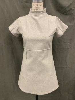 Womens, Dress, Short Sleeve, GREEN TEA, Lt Gray, Polyester, Cotton, Heathered, 8, Stand Collar, External Seams, Pleated Waist, Pleated Horizontally From Side Seam,  Pleated Short Sleeves, Zip Back, Hem Above Knee