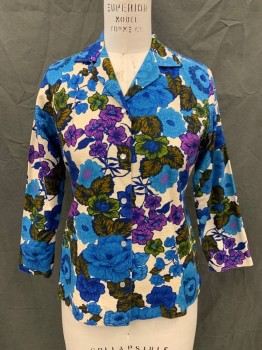 Womens, Jacket, H BAR C, Off White, Blue, Lt Blue, Olive Green, Magenta Purple, Cotton, Floral, B 36, Snap Front, Collar Attached, Long Sleeves, Western Back Yoke,